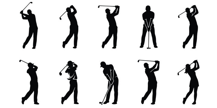 Professional golf player silhouettes set, male and female golfers swinging clubs vector, athletic sports figures in motion, isolated black icons