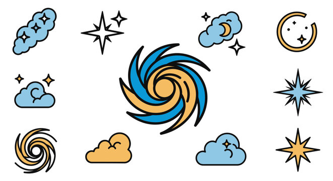A vibrant digital vector collection presents a variety of weather elements and celestial objects, including clouds, stars, and swirling cyclones, in a minimalist flat design, suitable for va