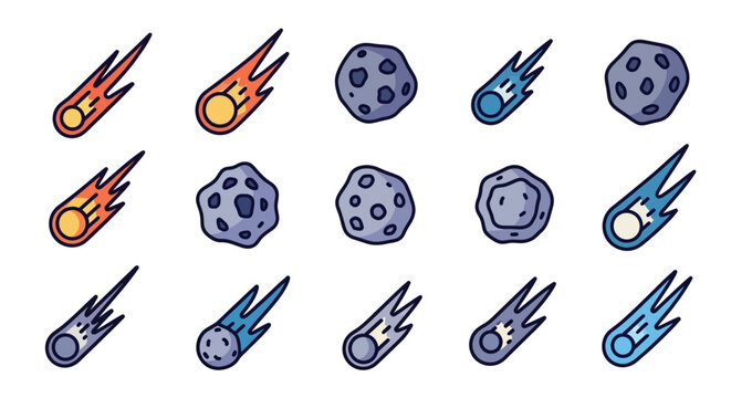 Cartoon-style collection of diverse, colorful meteors and asteroids in a flat design, representing celestial bodies hurtling through space, perfect for educational and space-themed projects.