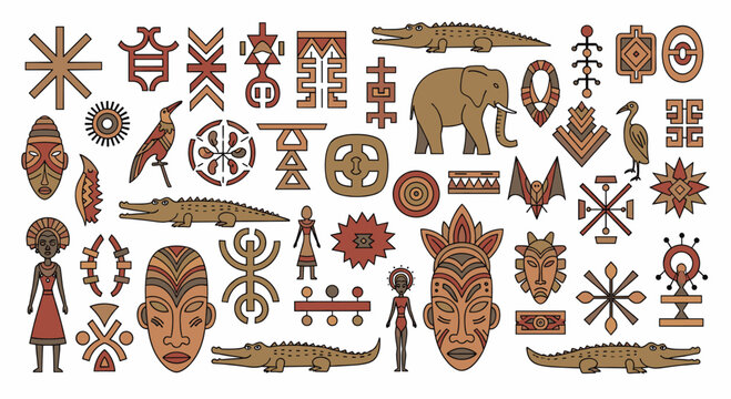 African adinkra symbols, faces, animal and human figures set. Ethnic tribal traditional art. Vector illustration for decor, print