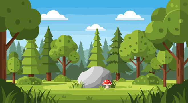 Forest landscape with green trees, bright sky and shrubland. Flat style design. Idyllic nature scenery. Vector illustration