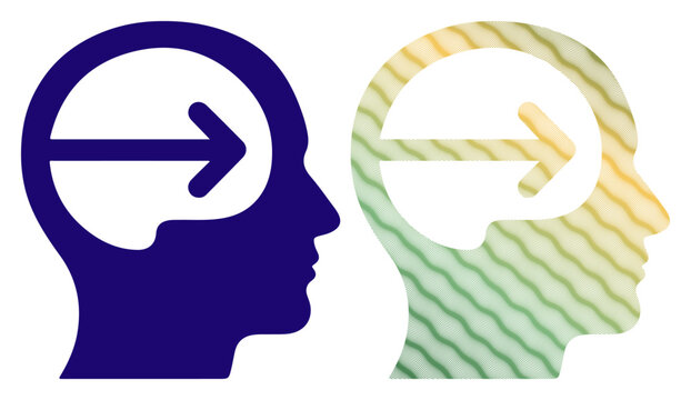 Two profile silhouettes with arrows indicating forward thinking and connection