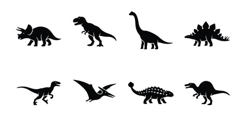 Dinosaur silhouette vector set, prehistoric animal icons collection, black t-rex and triceratops shapes, 8 jurassic creature elements for educational design © Shakhawat
