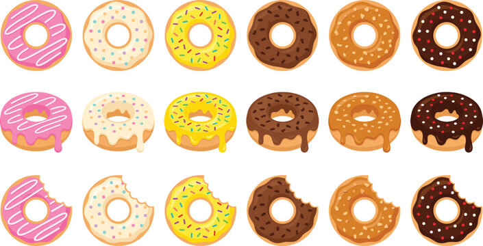 Colorful Donut Vector Set with Glazed, Sprinkled, Chocolate and Bite Mark Variations Isolated on Background for Bakery, Dessert and Food Design Projects