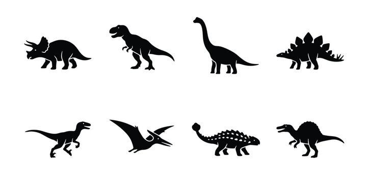 Dinosaur silhouette vector set, prehistoric animal icons collection, black t-rex and triceratops shapes, 8 jurassic creature elements for educational design