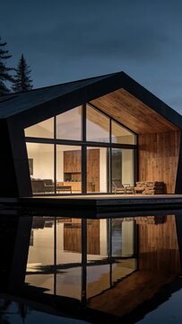 Vertical video: Showing dusk settling, timber cabin glowing lakeside, glass facade reflecting