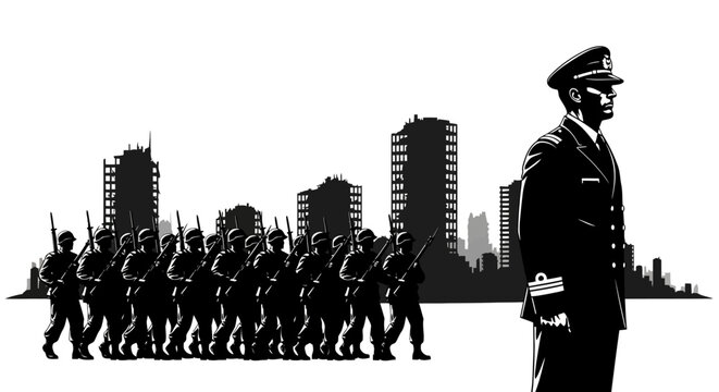 Military parade in ruined city, commander overlooking troops, post-apocalyptic scene
