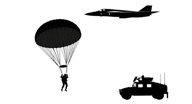 Military Paratrooper Descending by Parachute Near Jet and Humvee