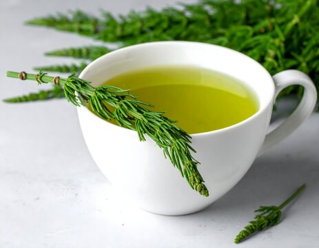  Minimalist herbal tea in white cup with green botanical sprig, horsetail, wellness and detox concept, digital art, AI generated