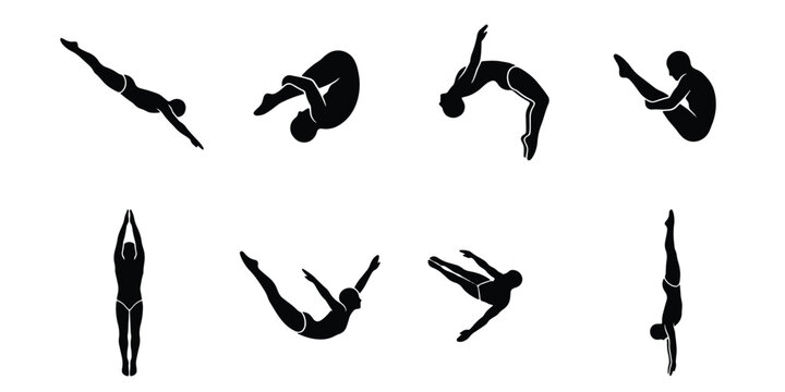 Professional diving silhouettes set, 8 athlete vector icons in various mid-air poses, competitive springboard and platform diving figures for sports design