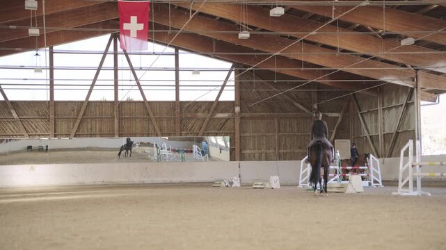 Professional jockey riding a beautiful brown horse in a sandy indoor manege during a training session
