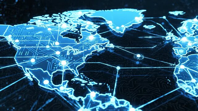 Digital world map with circuit patterns for commercial backgrounds, digital design, and advertising