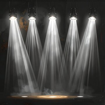 A spotlight shines down on a dark stage with fog