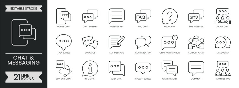 Chat and messaging outline icon set. Conversation related line icons collection. Communication, speech, talk, discussion, talking, speaking and more. Editable stroke icons pack. Vector illustration