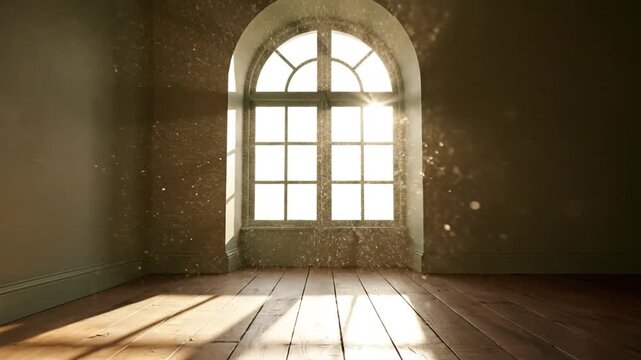 Sunlight illuminating dust in empty room with arched window