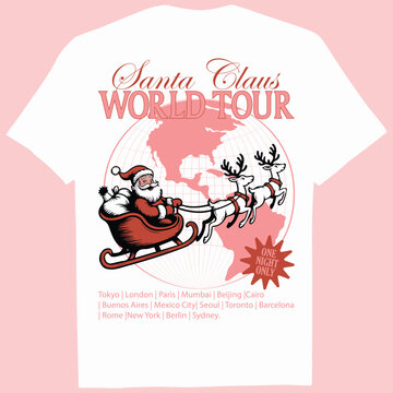 Santa Claus World Tour T-Shirt Design &ndash; Vintage Christmas Sleigh Graphic &ldquo;One Night Only&rdquo; Holiday Illustration