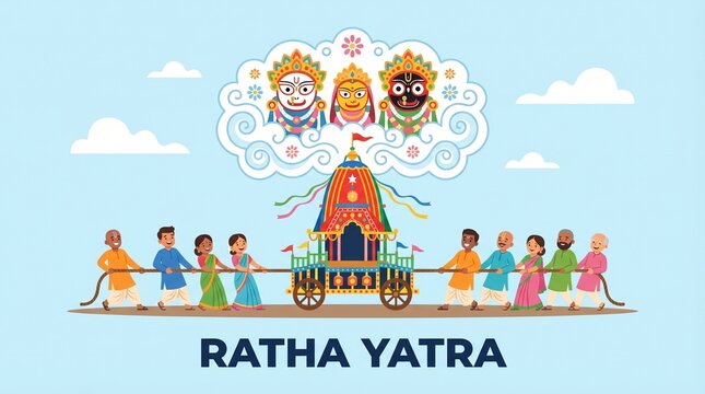 Ratha yatra festival chariot procession of jagannath with devotees pulling rope in odisha celebration culture scene for banner design poster background use