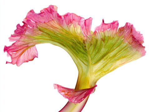 Close-up of rhubarb leaf showing pink, green and yellow colors, isolated on white background