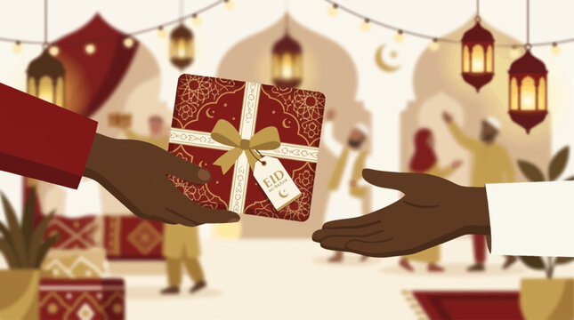 An elegant flat design illustration depicting the cherished tradition of exchanging gifts during Eid al-Adha. This vector image symbolizes generosity, love, and festive goodwill among loved ones.