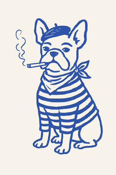 Funny French bulldog doodle vector illustration with beret, cigarette and striped hand drawn dog