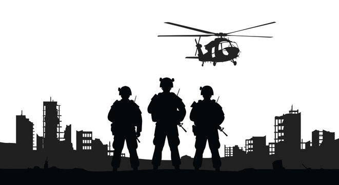 Military Soldiers Standing Guard in Ruined City with Helicopter Overhead