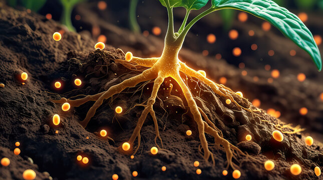 Microbe bacteria interacting with plant roots in rich soil, showcasing symbiotic relationship and nutrient exchange in a vibrant agricultural setting