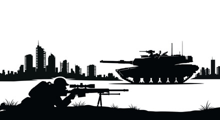 Obraz premium Sniper soldier aiming at tank in destroyed city silhouette, war concept