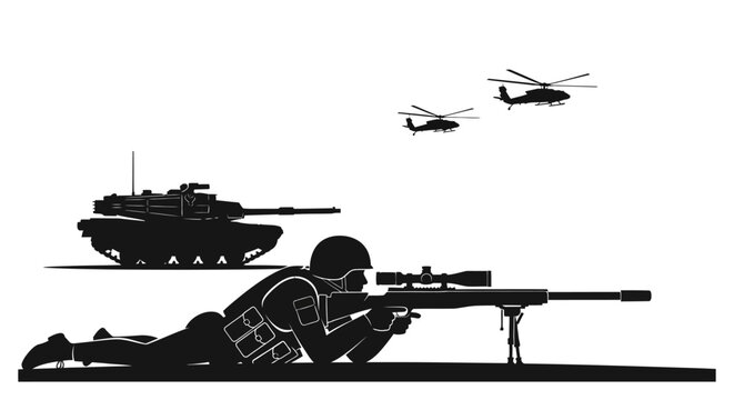 Sniper Soldier, Tank, and Helicopters in Silhouette - Military Action Scene
