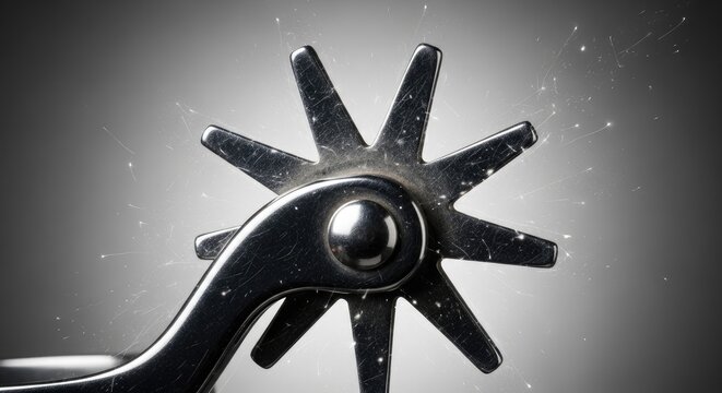 Close-up of a metallic cowboy spur against a dramatic, dusty background.