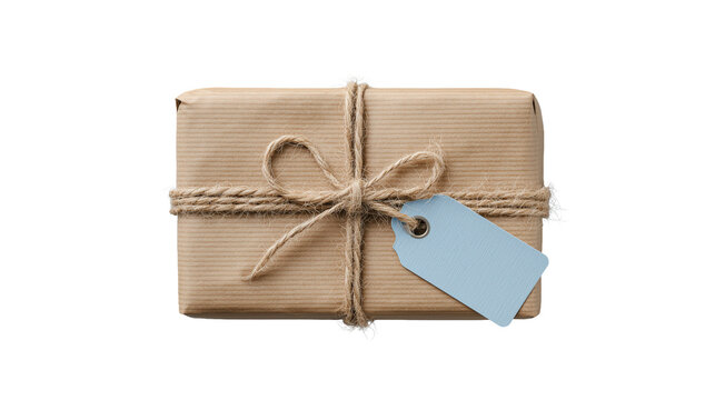 Rustic Brown Paper Gift Box with Twine and Tag, Wrapped Parcel Isolated on Transparent Background