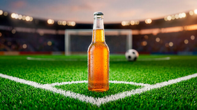 Festive stadium scene. Vibrant atmosphere with beer and players