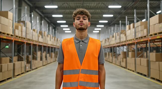 Portrait of a young male warehouse worker standing in a large distribution center.
