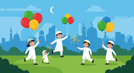 Fototapeta premium A lively flat design illustration capturing the pure joy of children celebrating Eid al-Adha with balloons and sparklers in a park. This vector artwork radiates happiness and festive spirit.