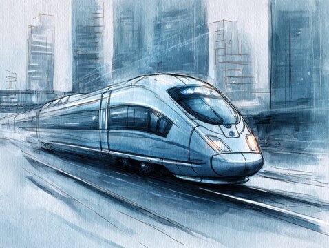 Watercolor illustration of a sleek, futuristic high-speed train in a stylized urban setting