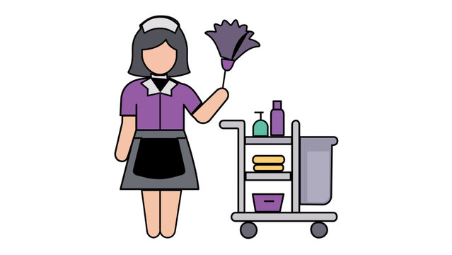 Professional hotel maid or housekeeper vector illustration icon featuring a female staff member in uniform with a feather duster and cleaning service cart for hospitality management concepts.