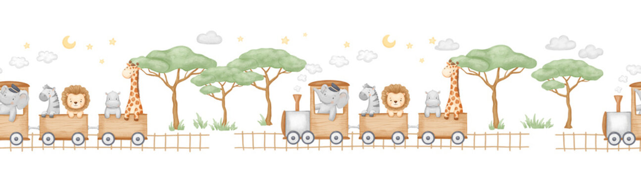 Cute seamless border with train with african happy cartoon animals on isolated background, repeating childish watercolour painting of retro transport