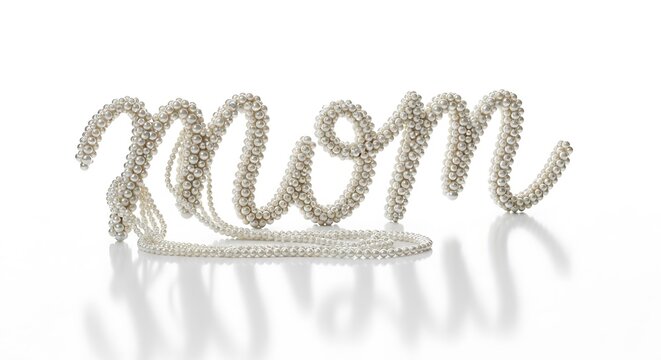 The word mom written in elegant cursive script using strings of white pearls isolated on white background