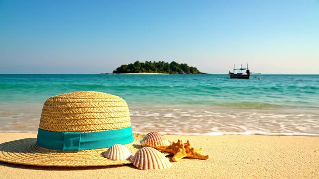 Beach hat shells and boat in ocean for environmental projects, nature documentaries, and commercials
