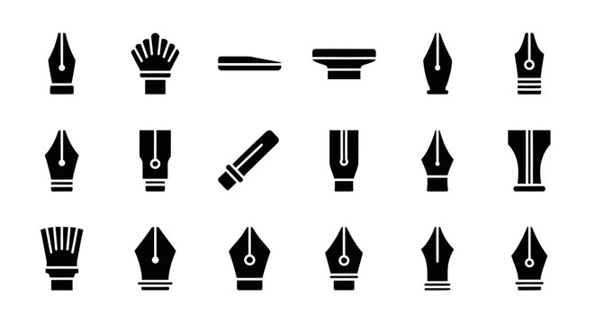 Calligraphy, pen nibs, fountain pen tips, black icons, vector set