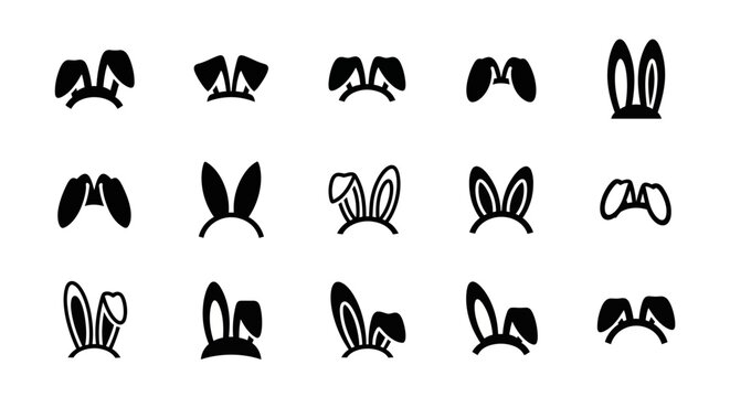 Rabbit ears icons, bunny ears symbols, cartoon bunny ears, 16 black and white vector icons