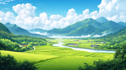 Fototapeta premium Spring rural rice fields pastoral scenery illustration