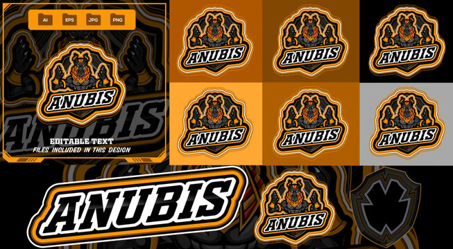 Powerful mighty anubis e-sport sport mascot logo. Egyption god with fierce jackal head and golden armor bold shield emblem. Editable vector for gaming teams, branding, e-sport, sport sticker, hoodie.