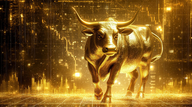 Gold bull and bull market concept on the background of stock candlestick chart	