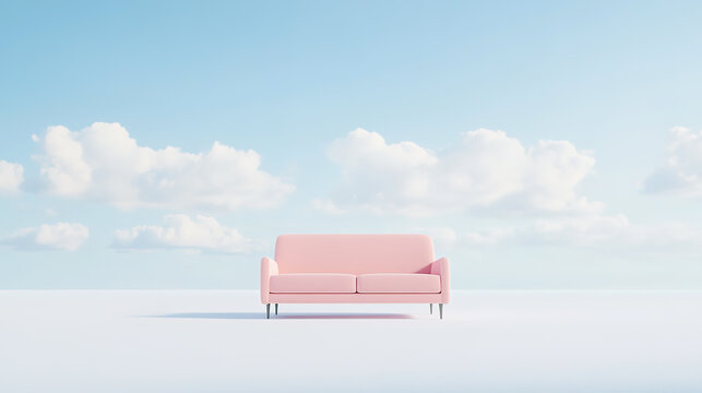 Pink sofa home theme poster against the pure background of blue sky and white clouds