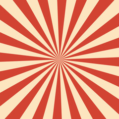 Obraz premium Retro red background with vintage circus sunburst. Psychedelic colorful swirl poster, abstract pattern in 70s carnival style. Hypnotic sunburst vector illustration.