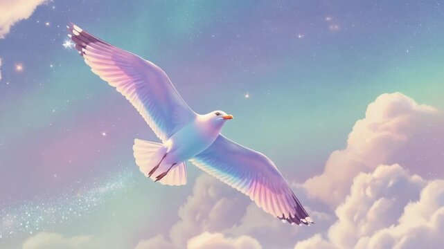 Fantasy illustration of a seagull flying in a dreamy pastel starry sky