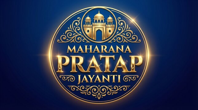 Maharana pratap jayanti golden royal emblem badge with ornate indian architecture circle design glowing luxury background for premium celebration branding and poster use