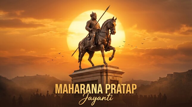 Maharana pratap jayanti indian warrior statue sunset silhouette heroic tribute scene with horse monument royal pride celebration banner design use