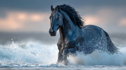 Fototapeta premium Black horse with majestic mood running through water symbolizing luxury and prestige on soft background