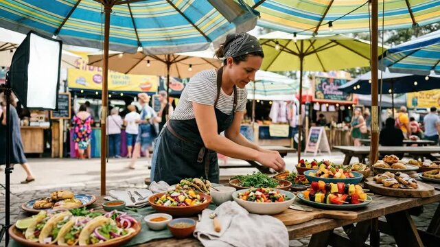 a distinct low-angle view showcasing the colorful food spread and the stylist in action, surrounded by shaded umbrellas that amplify the energetic vibe of the festival